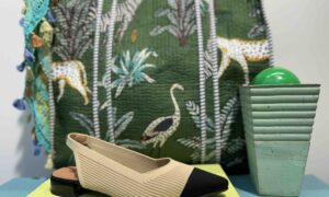 Ballerines ouverte MISS ELASTIC en tissue beige et noir