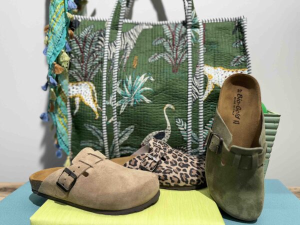 Mules BIO-GOLD nubuck beige, kaki ou léopard