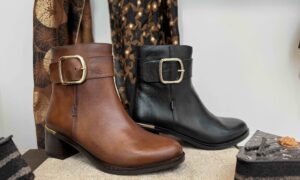 Bottine DORKING à talon avec boucle + zip, cuir noir ou camel