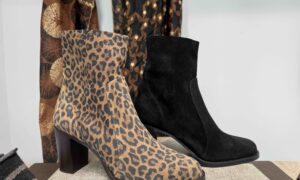 Bottine MAROLI à talon, bout rond, en nubuck noir ou léopard