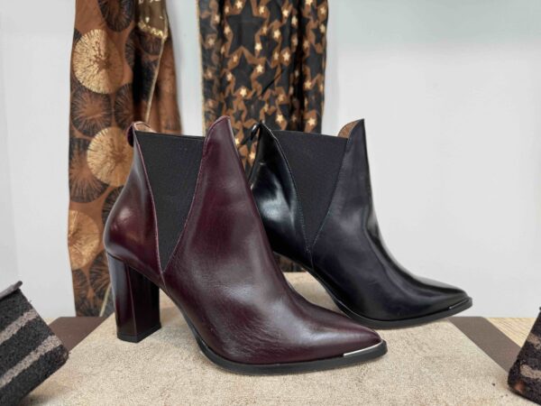 Bottine MAROLI élastiquée à talon, bout pointu cuir noir ou bordeaux