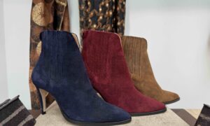 Bottine MAROLI talon aiguille, en nubuck camel, bordeaux ou bleu marine