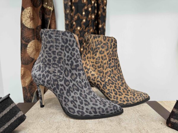 Bottine MAROLI talon aiguille, en nubuck léopard camel ou gris