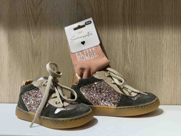 Basket GBB à lacets + zip, kaki et paillettes